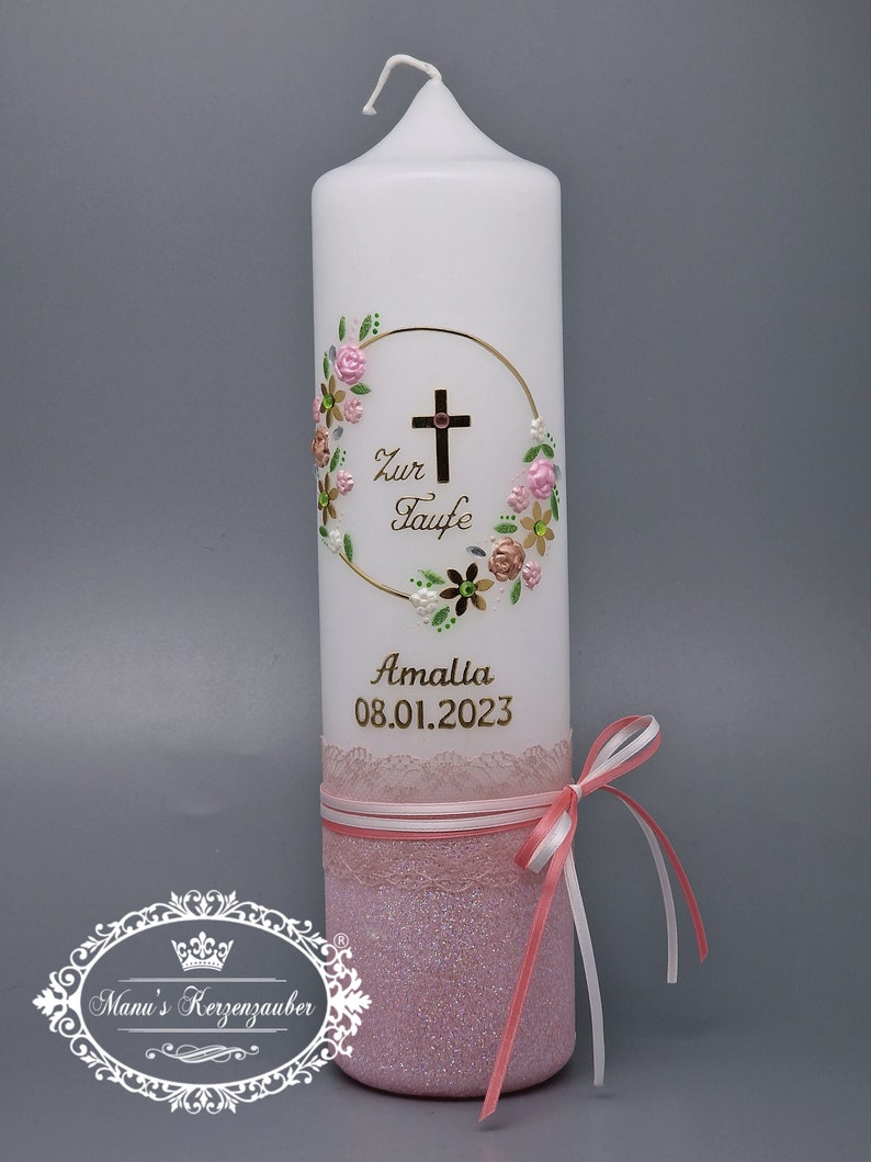 Christening candle vintage for girls with flower wreath in rustic style TK472-V-U lovingly handmade image 4
