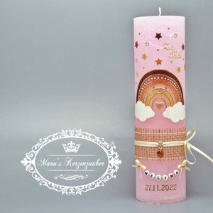Vela bautismal arcoíris tonos tierra rosa & "El © original de la cadena de letras"