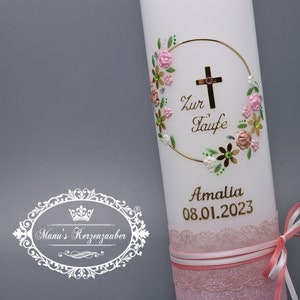 Christening candle vintage for girls with flower wreath in rustic style TK472-V-U lovingly handmade image 2
