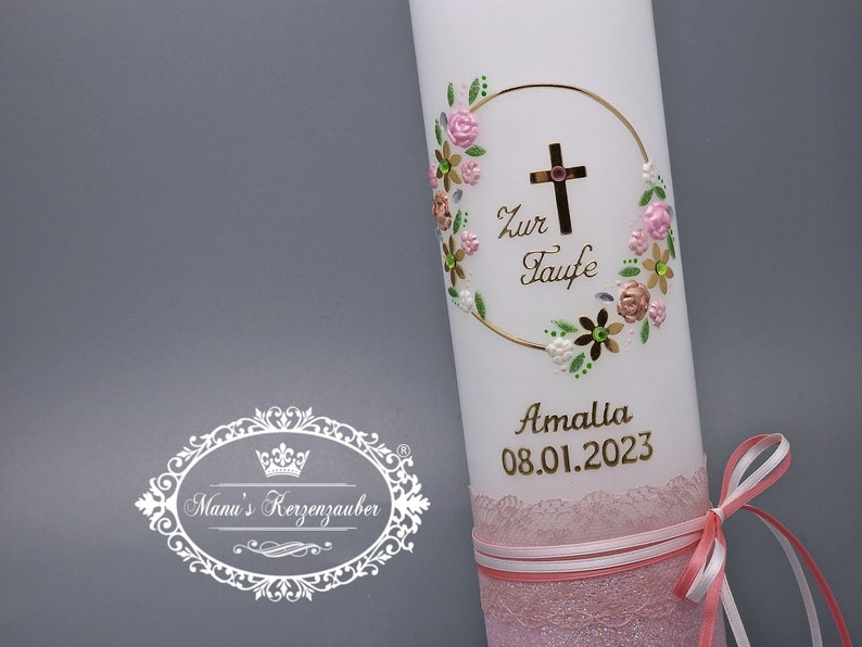 Christening candle vintage for girls with flower wreath in rustic style TK472-V-U lovingly handmade image 2