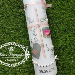 Vela de bautizo y "El original" © de la cadena de letras Vela para el bautismo, velas bautismales, cruz, foto, plata, niña, rosa suave, hecha a mano, vela
