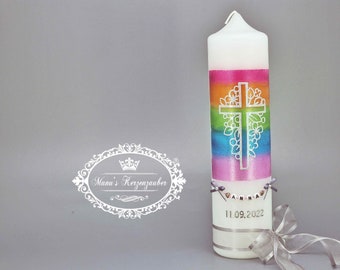 Baptism candle rainbow cross > stock clearance!