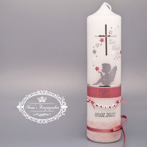 Vela de bautismo vintage para niñas ángel de la guarda & "El original © de la cadena de letras" en rosa viejo