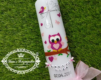 Doopkaars OWL "© REAL ORIGINAL" letterketting oehoe - Hoge kwaliteit handgemaakt - Geen goedkope folie - Wax - Roze - Roze - Meisjes