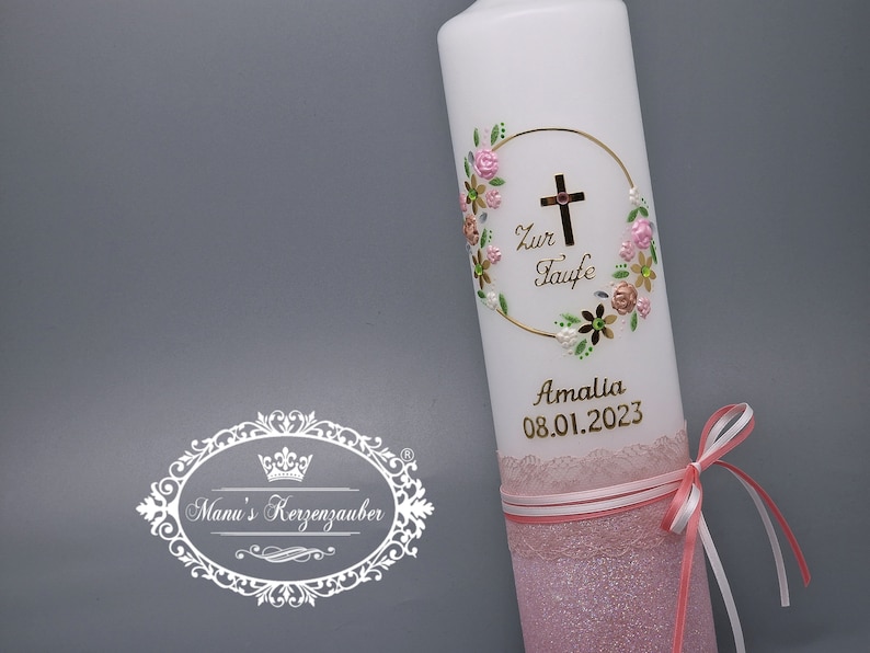 Christening candle vintage for girls with flower wreath in rustic style TK472-V-U lovingly handmade image 1