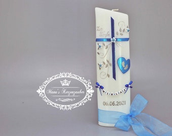 Baptismal candle cross medium blue glitter with saying > stock clearance!