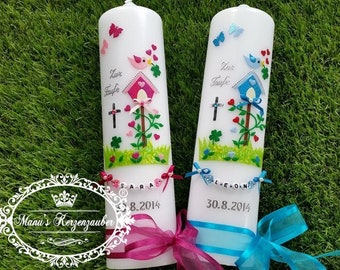 2 baptismal candles birdhouse "© The Original"! - TK217 - Baptismal Candle Girl Baptismal Candle Boy - String of Letters Colors Pink Turquoise - Baptism Birth