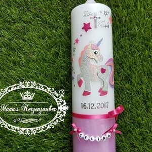 Vela de bautizo unicornio TK265 para niña y original © de la cadena de letras en holofritter rosa, rosa, plata y lila - hecha a mano - cera