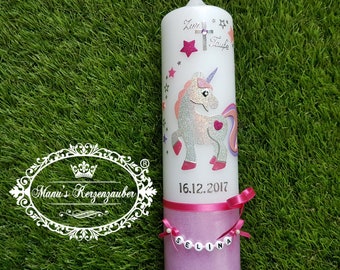 Bougie de baptême licorne TK265 pour filles et original © de la chaîne de lettres en holofritter rose, rose, argent et lilas - fait main - cire