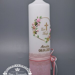 Taufkerze Vintage für Maedchen mit Blumenkranz im Rustik Style TK472-V-U gefertigt in liebevoller Handarbeit Bild 5