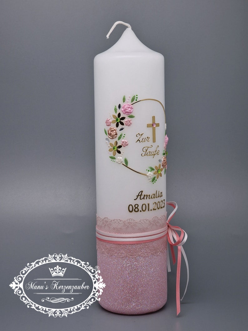 Christening candle vintage for girls with flower wreath in rustic style TK472-V-U lovingly handmade image 5