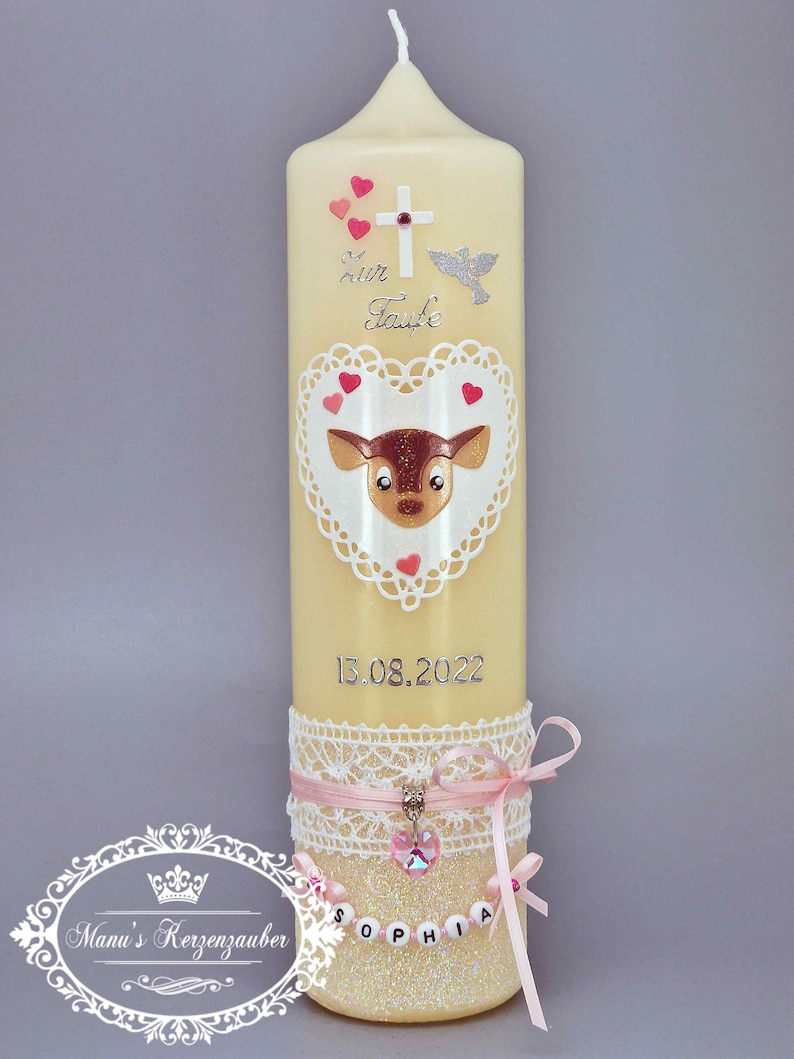 Baptismal candle rustic deer Bambi glitter background stock clearance image 2