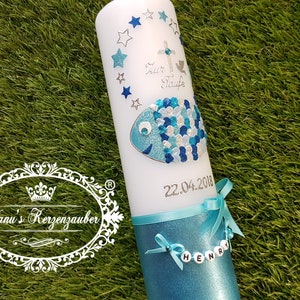 Baptismal candle fish heart scales &quot;The Original ©&quot; - Fish - handmade - wax - blue - boy - girl - candle for baptism - no foil - baptism