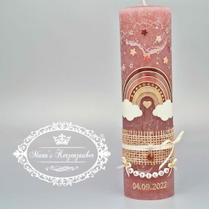 Vela bautismal arcoíris tonos tierra rosa viejo & "El © original de la cadena de letras"