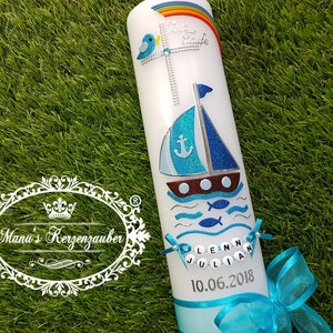 Barco de vela bautismal y el © original de la cadena de letras para niño o niña / sin papel de aluminio / barco / velas bautismales / escritura de plata / vela bautismal