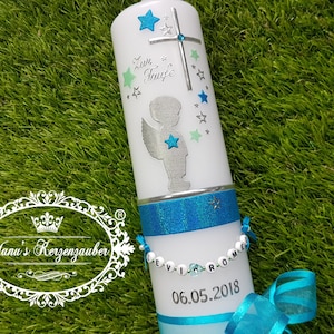 Vela de bautismo ángel guardián niño - azul - turquesa - cadena de letras - cinta de nombre - ángel - silueta - cera - sin papel de aluminio - estrellas - decoración