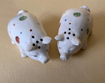 Vintage Pig Salt and Pepper Shakers Made in Japan gold leaf accents Multi color dots