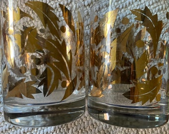 MCM 1960’s Set of 2 Gold Leaf Libbey highball cocktail glasses