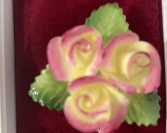 Vintage Cara China handmade hand painted fine bone China brooch made in England 3 Roses bar pin