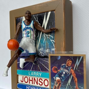 Larry Johnson // Charolette Hornets // 3 Dimensional basketball cards //  Reclaimed Wood Art // Starting Lineup Figure Art //  NBA Art