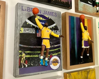 LeBron James // Los Angeles Lakers // 3 Dimensional basketball cards //  Reclaimed Wood Art // Starting Lineup Figure Art //  NBA Art