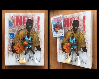 Larry Johnson // 3 Dimensional basketball cards // Reclaimed Wood Art // Starting Lineup Figure Art // 90's NBA