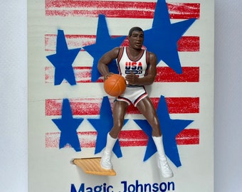 Magic Johnson // Dream Team Olympics // 3 Dimensional basketball cards //  Reclaimed Wood Art // Starting Lineup Figure Art //  NBA Art