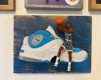 Penny Hardaway// Nike Air Penny II// // 3 Dimensional basketball cards //  Reclaimed Wood Art // Starting Lineup Figure Art //  NBA Art