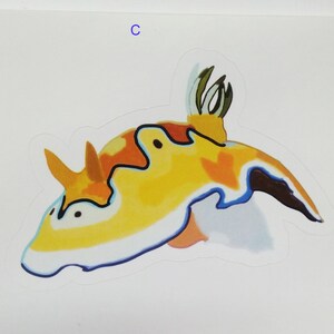 以下が含まれることがあります： 黒目の白いストライプのある黄色、オレンジ、青の海のナメクジ。海のナメクジは白い背景の上にあります。