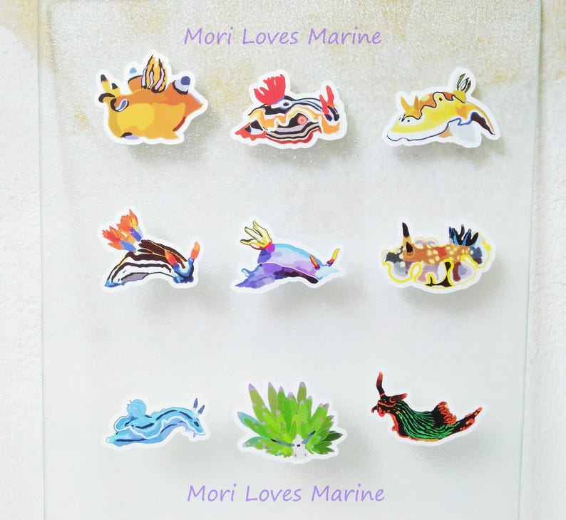 以下が含まれることがあります： 「Mori Loves Marine」というテキストが画像の上部と下部に書かれた、カラフルな海のナメクジのステッカー9枚です。