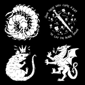 PREORDER: Screen printed patch - Centipede, Sword, Rat King, Dragon black and white, punk