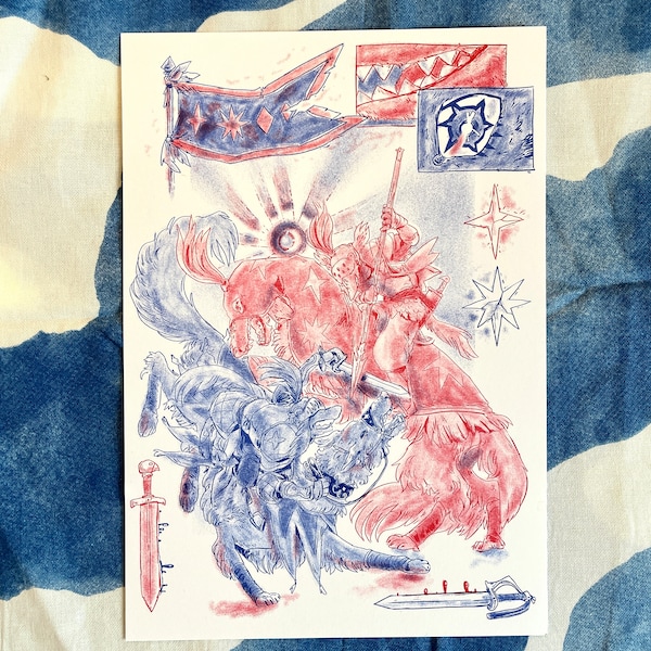 Duelling Knights riso print - A4 fantasy risograph