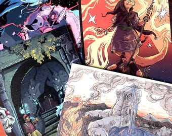 Puede incluir: Cuatro impresiones ilustradas diferentes que presentan una variedad de personajes y escenas. La primera impresión presenta a una persona con una camisa azul y pantalones negros con un orbe brillante. La segunda impresión presenta a una criatura parecida a un canguro con una túnica morada que sostiene un bastón con un orbe brillante. La tercera impresión presenta una puerta oscura con tres caras a cada lado. La cuarta impresión presenta una mano grande con un chorro de agua que fluye de ella.