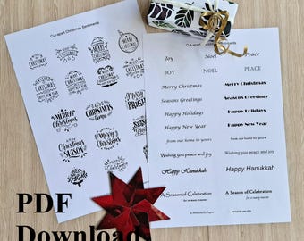 Printable Christmas Sentiments for cards and crafts, Black English text, Assorted fonts styles, 39 cut aparts, A4 Letter PDF download