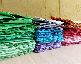 Rainbow colours handmade paper bundle, Recycled paper for crafts and stationery, Textured deckle edge paper, Assorted colored sheets