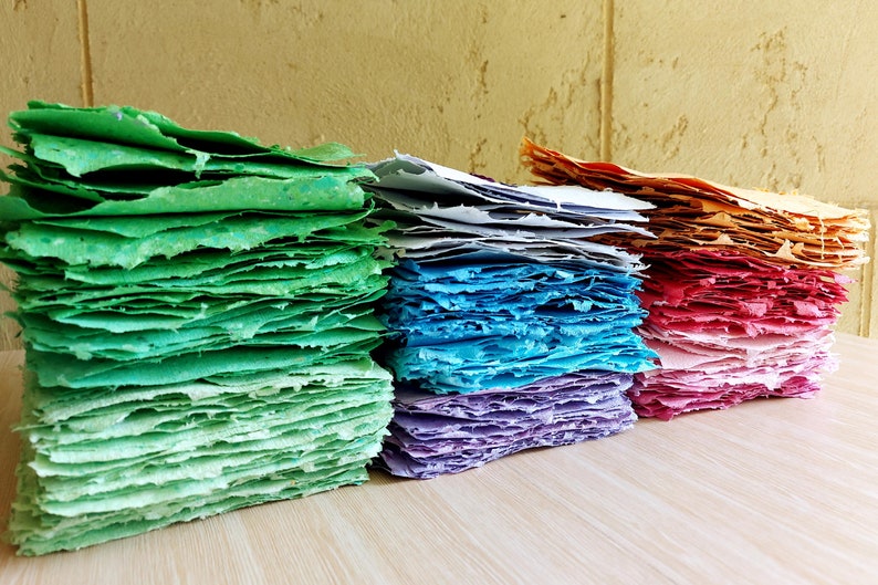 Rainbow colours handmade paper bundle, Recycled paper for crafts and stationery, Textured deckle edge paper, Assorted colored sheets image 1