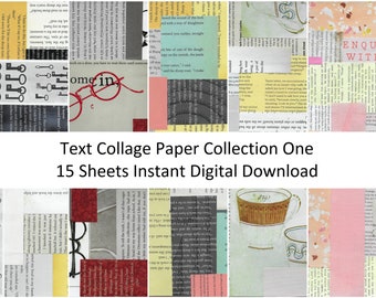 Text Hintergrund Digitales Collagenpapier für Scrapbooking, Papier mit Muster, bedruckbares Papier mit Muster, Sofortdownload, 15 Blatt A4 PDF