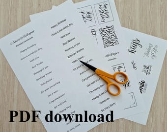 Stimmungen für Karten und Basteln, Schwarzweißer englischer Text, verschiedene Schriftstile, A4 Letter PDF zum Downloaden