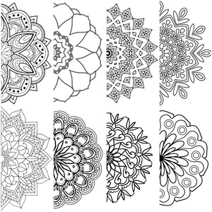 K&ouml;nnte beinhalten: Acht schwarz-wei&szlig;e Mandala-Designs, jedes mit komplizierten Mustern und Details. Die Mandalas sind Halbkreise, wobei die obere H&auml;lfte jedes Designs sichtbar ist.