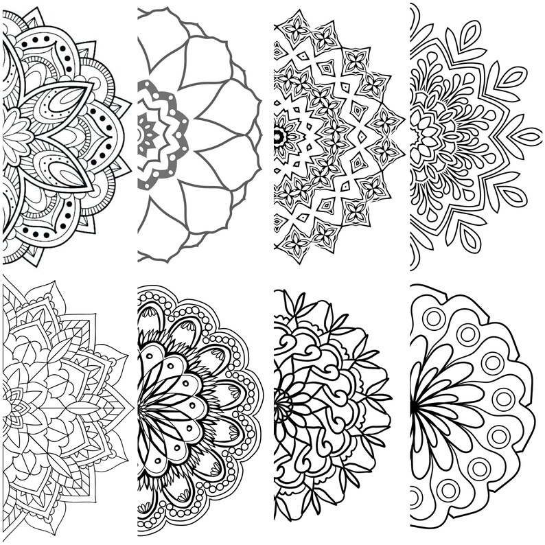 K&ouml;nnte beinhalten: Acht schwarz-wei&szlig;e Mandala-Designs, jedes mit komplizierten Mustern und Details. Die Mandalas sind Halbkreise, wobei die obere H&auml;lfte jedes Designs sichtbar ist.