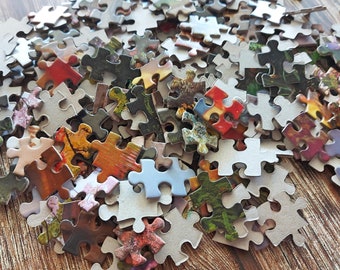 Jigsaw puzzle pieces for crafting projects, assorted sizes shapes and colours, card art ephemera 100g 3.5ounces