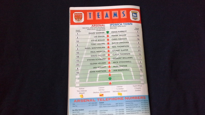 Arsenal v Ipswich Town Saturday April 15th 1995 football Programme