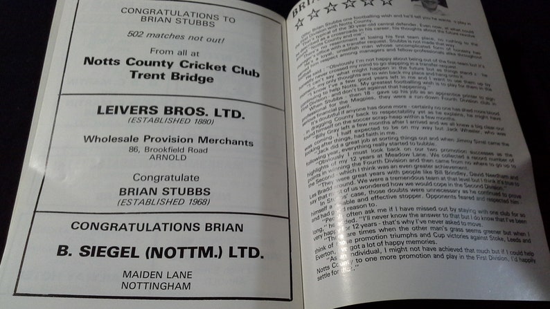 Notts County v Nottingham Forest Monday 8th September 1980 football Programme Brian Stubbs Testimonial Game