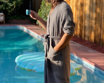 Crinkle Cotton / Muslin  Unisex Bathrobe / Kimono Gray/ Handcrafted in Turkey