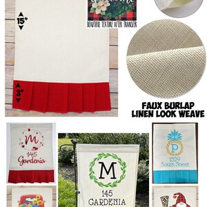 May include: A set of six 12x18 inch burlap garden flags with different designs. The flags feature a red truck with flowers, a pineapple with the text "1329 South Street", a gnome with the text "Love", a wreath with the letter "M" and the text "145 Gardenia", a heart with the letter "M" and the text "145 Gardenia", and a wreath with the text "Welcome".