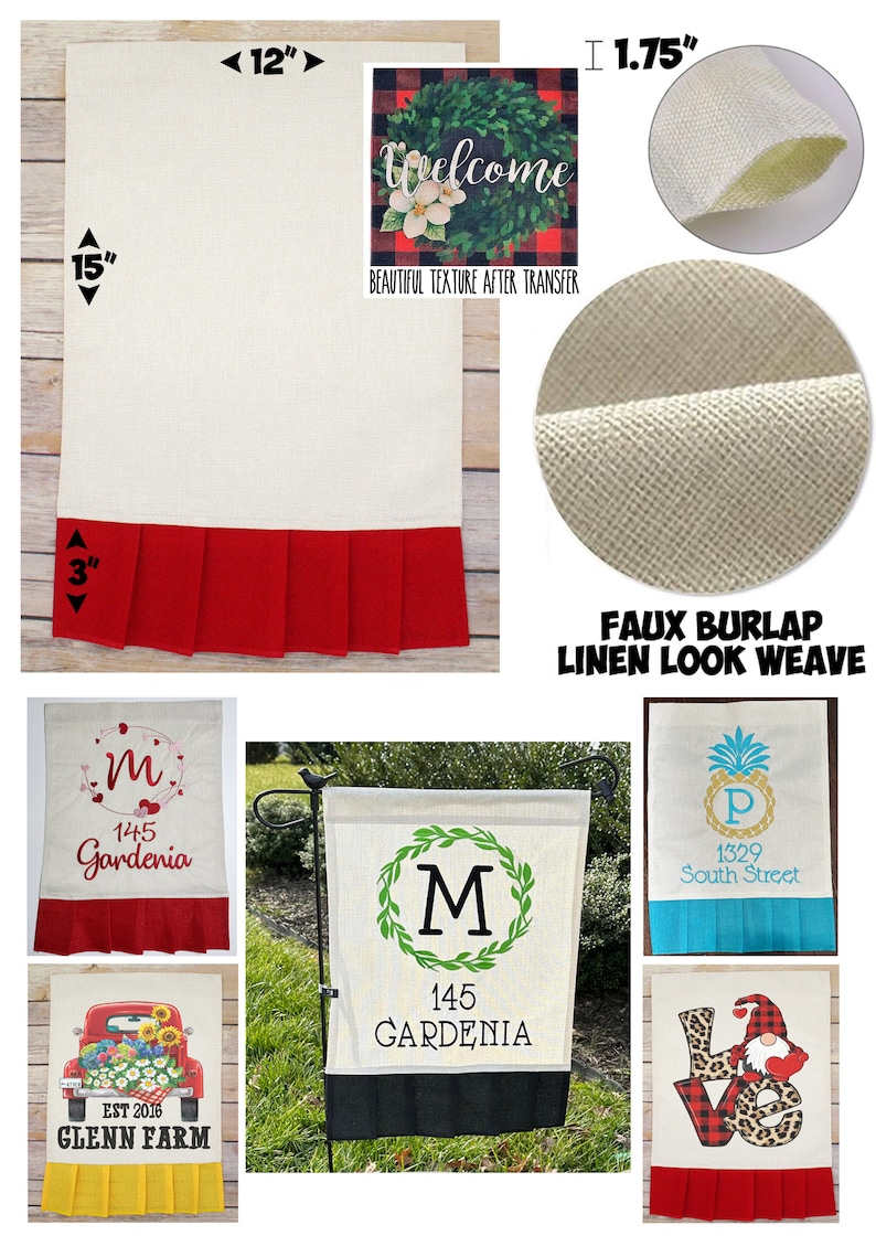 May include: A set of six 12x18 inch burlap garden flags with different designs. The flags feature a red truck with flowers, a pineapple with the text "1329 South Street", a gnome with the text "Love", a wreath with the letter "M" and the text "145 Gardenia", a heart with the letter "M" and the text "145 Gardenia", and a wreath with the text "Welcome".