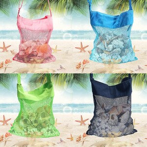 May include: Four mesh beach bags in pink, blue, green, and navy blue, each filled with seashells. The bags have a solid-colored top and a mesh bottom, with a shoulder strap. The background shows a beach scene with starfish.