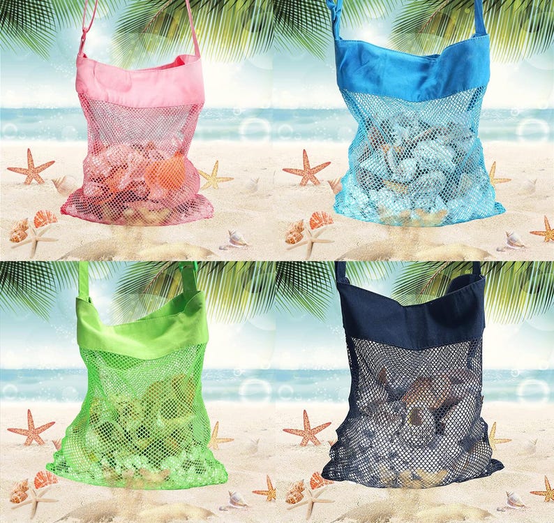 May include: Four mesh beach bags in pink, blue, green, and navy blue, each filled with seashells. The bags have a solid-colored top and a mesh bottom, with a shoulder strap. The background shows a beach scene with starfish.