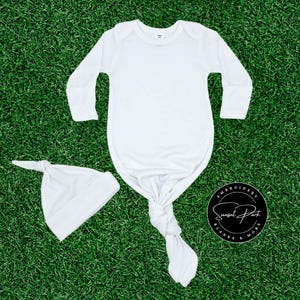 Knotted Newborn Gown & Hat Set | White | 100% Polyester | Infant Layette Set | Baby Shower Gift | Coming Home Outfit | Sublimation Blanks