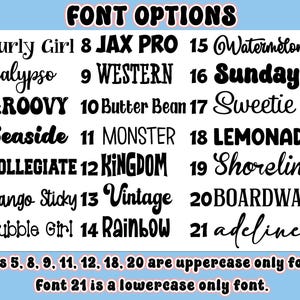 May include: A list of 21 font options in various styles, from Curly Girl to adeline, displayed on a light blue background. The text includes uppercase and lowercase fonts. The image also notes which fonts are uppercase only and which is lowercase only.
